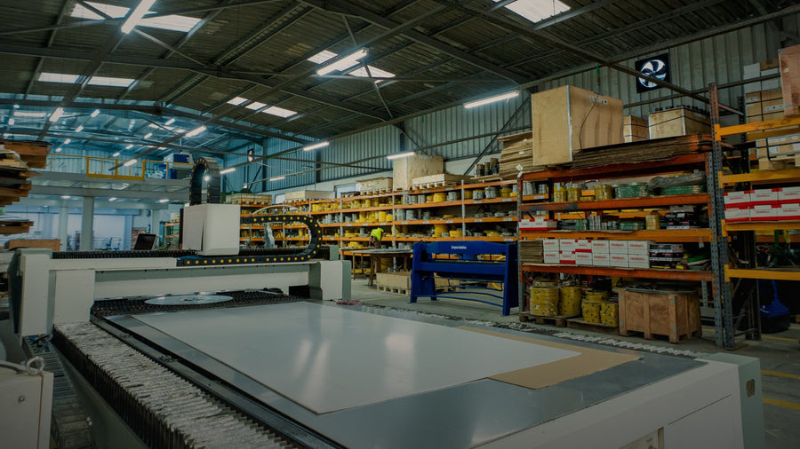 Deminas works — cutting table and stock racking